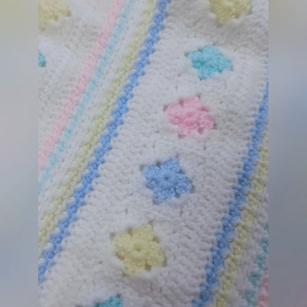 Handmade White And Pastel Pink Blue Yellow 30x33 Inch Crib Baby Blanket